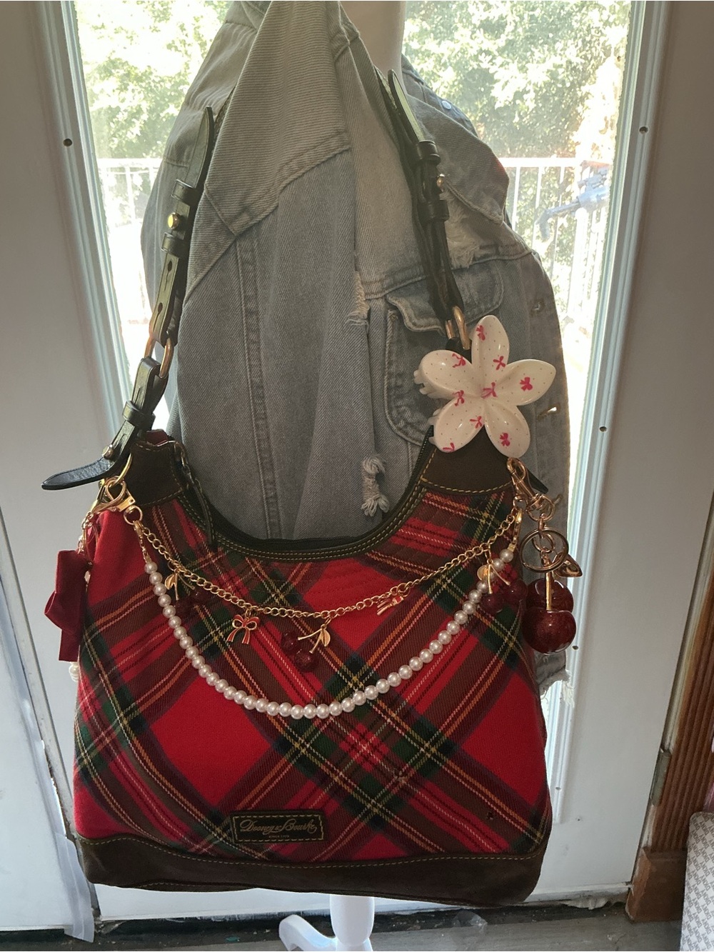 Plaid Shoulder Bag with Pearl & Charm Accents - Red